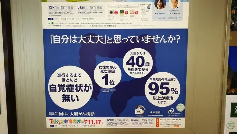 電車内の駅ナカに掲示されている大腸がん検診を勧めるポスター。日本人の女性の死亡原因第1位は大腸がんという内容が記載されている。