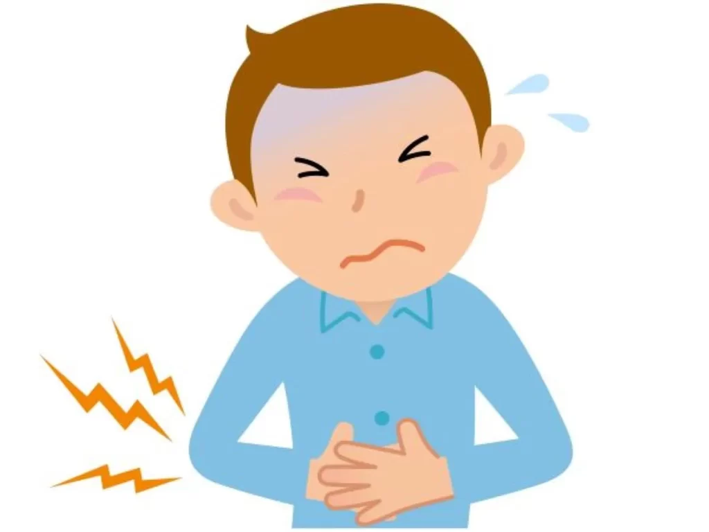 胃痛や胃もたれ、吐き気に悩み、胃のあたりを押さえながら苦しそうな表情をしている男性のイラスト