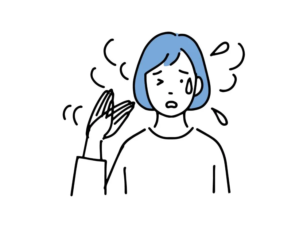 更年期障害のホットフラッシュで顔がほてり、手で仰ぐ女性のイラスト