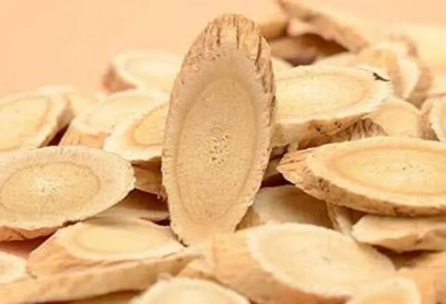 スライスされた乾燥黄耆（Astragalus membranaceus）のクローズアップ。気虚を補い、傷口治癒や免疫力向上に効果的な漢方生薬