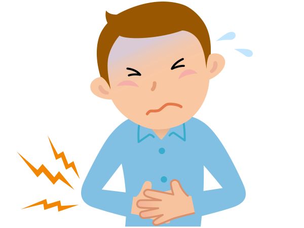 胃痛や胃もたれで苦しむ男性のイラスト：鍼灸でツボ治療
