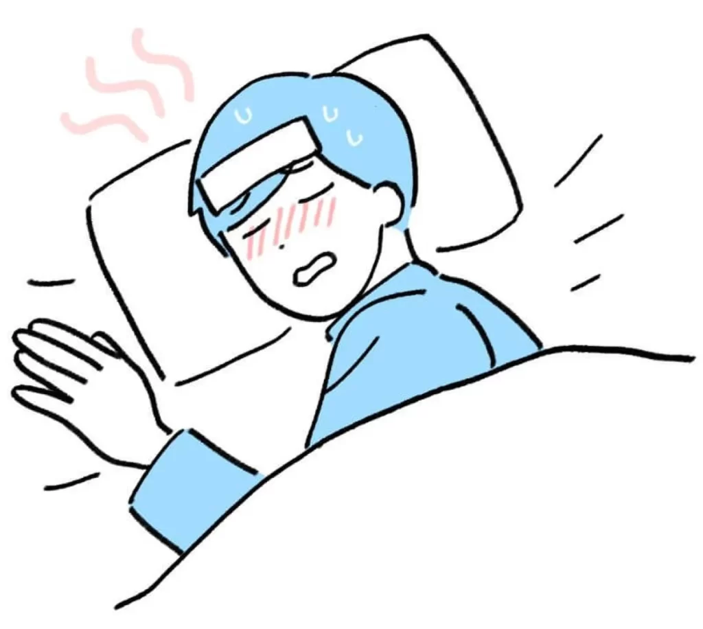 高熱でベッドに横たわり、冷却シートを額に貼って苦しむ男性のイラスト