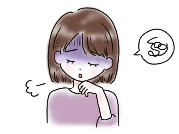 子宮がん術後の疲労とストレスを象徴する、目を閉じてため息をつく女性の頭周りに乱れた糸が絡まるイラスト