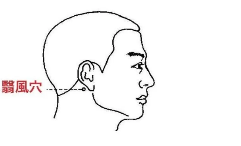 男性の右耳後ろにある翳風穴の位置を示す線画。耳の痛みや腫れの原因となる胆経のツボを赤文字で表示。