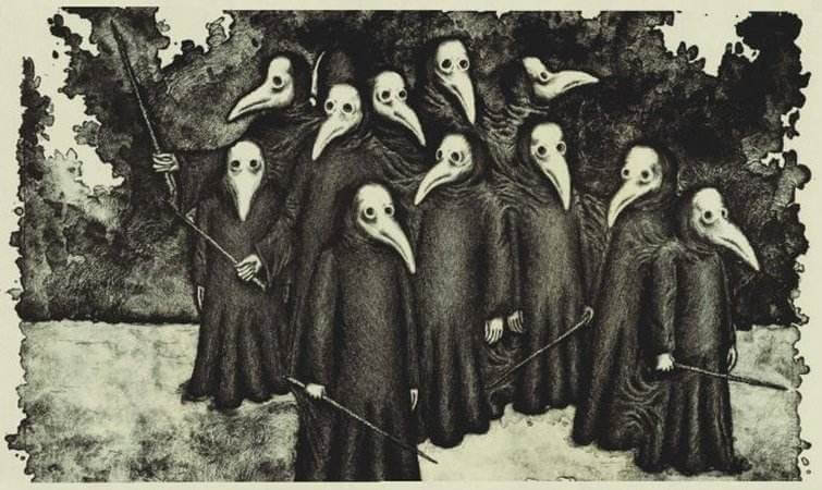 14世紀ヨーロッパのペスト防護服画像。鳥のくちばし状仮面と棒を持った医師のイラスト。