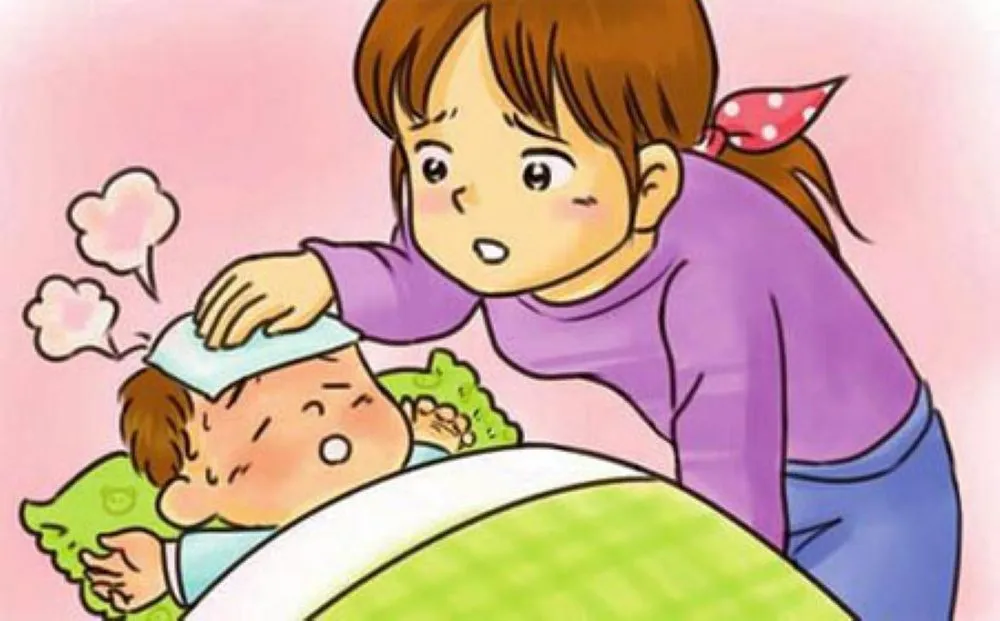 高熱で寝込む3歳の男の子におでこに熱さまシートを貼り、心配そうに見守るお母さんの漫画風イラスト