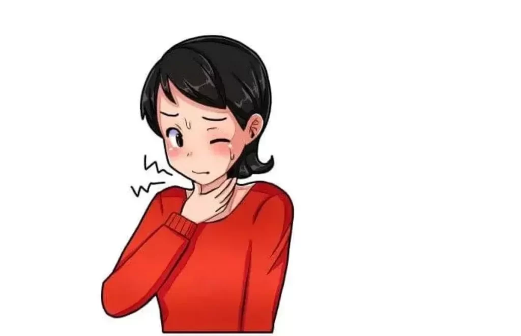 赤いセーターの女性が喉の痛みと乾燥に悩む様子を描いたイラスト