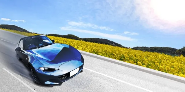 青いスポーツカーが山道を高速で走るイラスト。道端に黄色い花が咲き、山と青空が広がる風景。