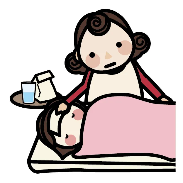 高熱で寝込んでいる子供の額に冷却シートを貼り、布団をかけて寝かせている様子。隣で母親が水の入ったコップと薬の袋を持って心配そうに見守っているイラストまたは写真。