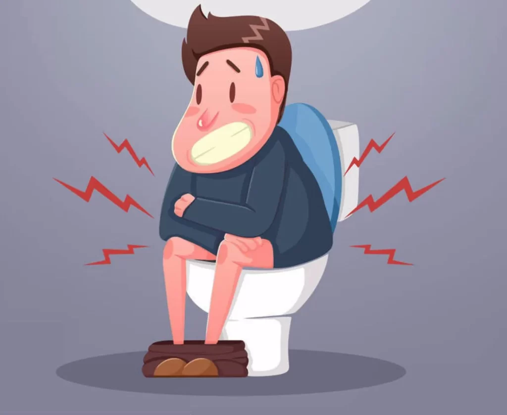 便座に座って強くいきむ男性のイラスト。頭に汗の水滴があり、肛門の痛みを示す赤い雷の線が周囲に描かれている。
