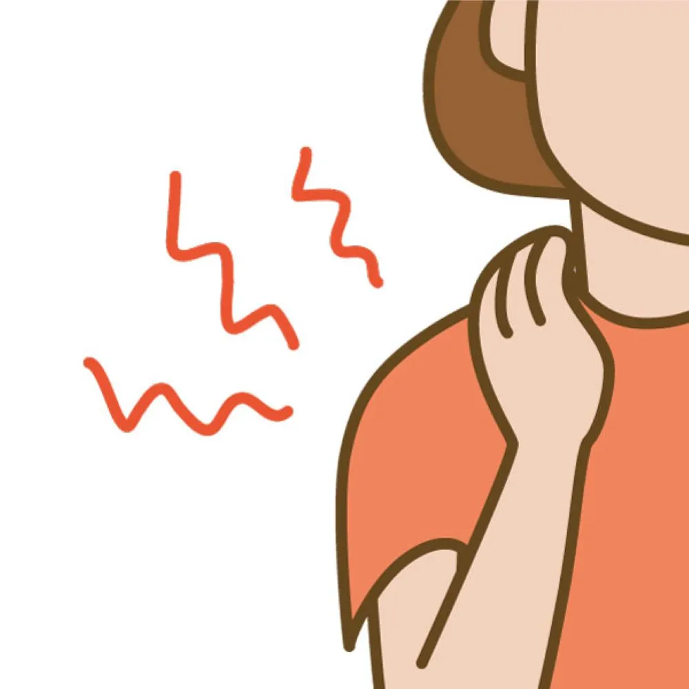 肩こりの辛さを表現した漫画風イラスト。右手で右肩を押さえる女性の姿と肩の痛みを示す波線。