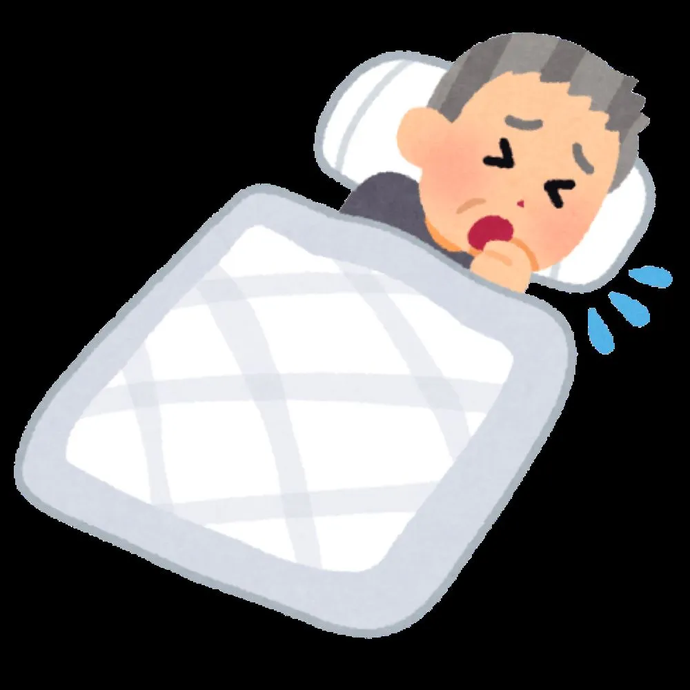 ひどい咳で眠れず布団をかぶって苦しむ高齢男性のイラスト