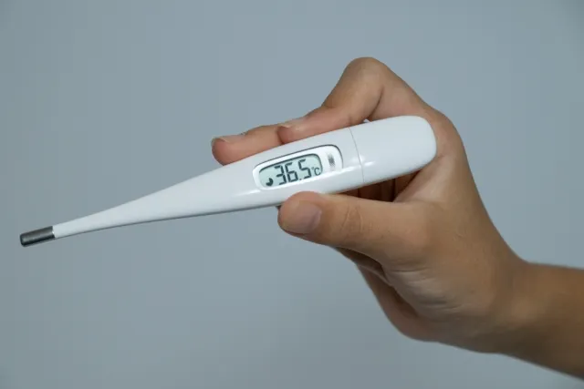 鍼灸治療後に体温が35度台から36.5度まで上昇したことを示す体温計の表示