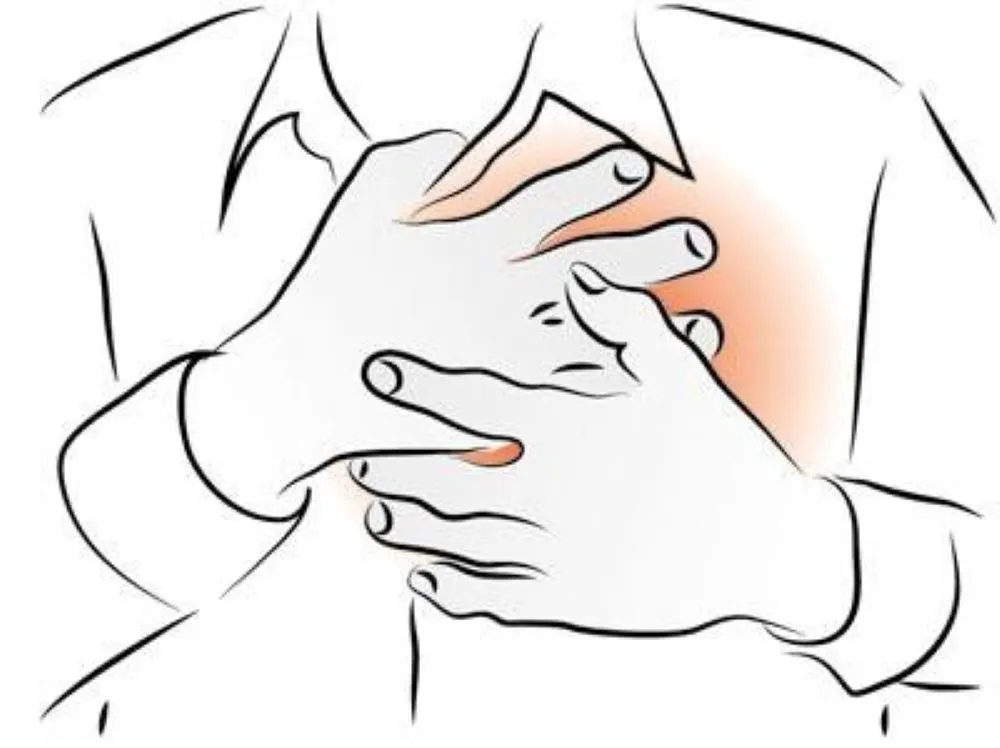 心臓の動悸や胸痛で苦しむ様子を表す、両手で左胸を押さえている女性のイラスト