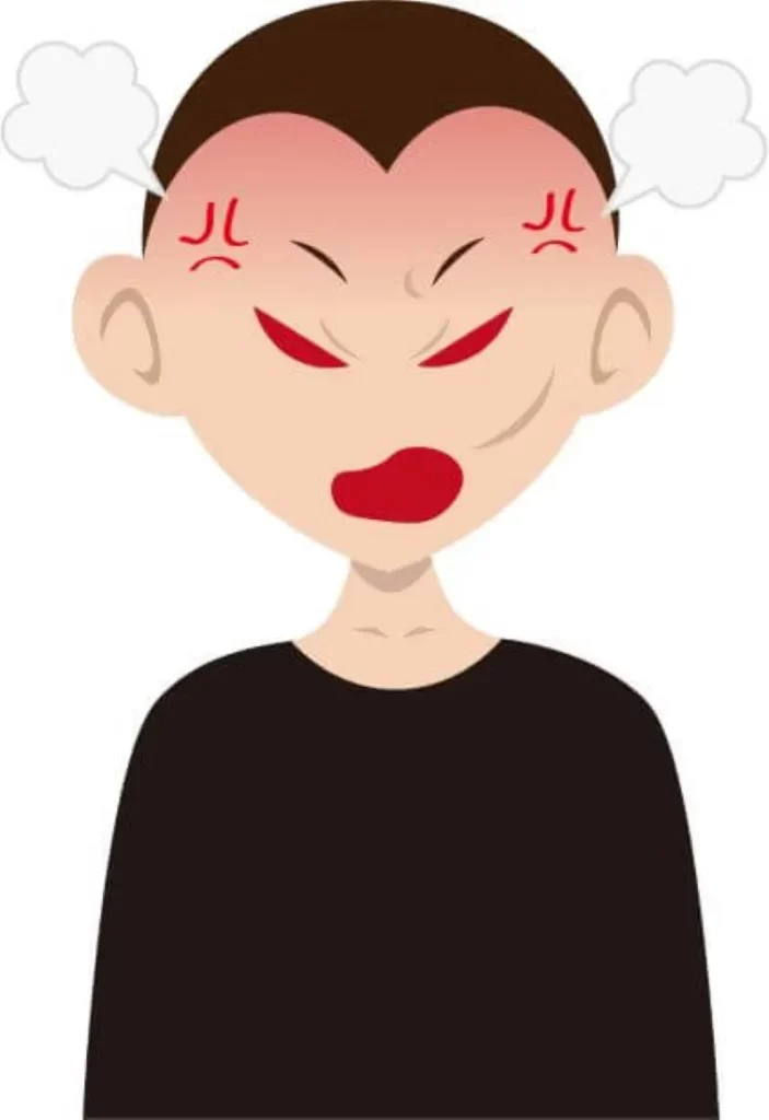 怒りで目つきが鋭くなり、情緒が崩れた17歳少年のイラスト。食積による陽明実証で発狂し、親を殴るほど凶暴化した症状を象徴的に表現。