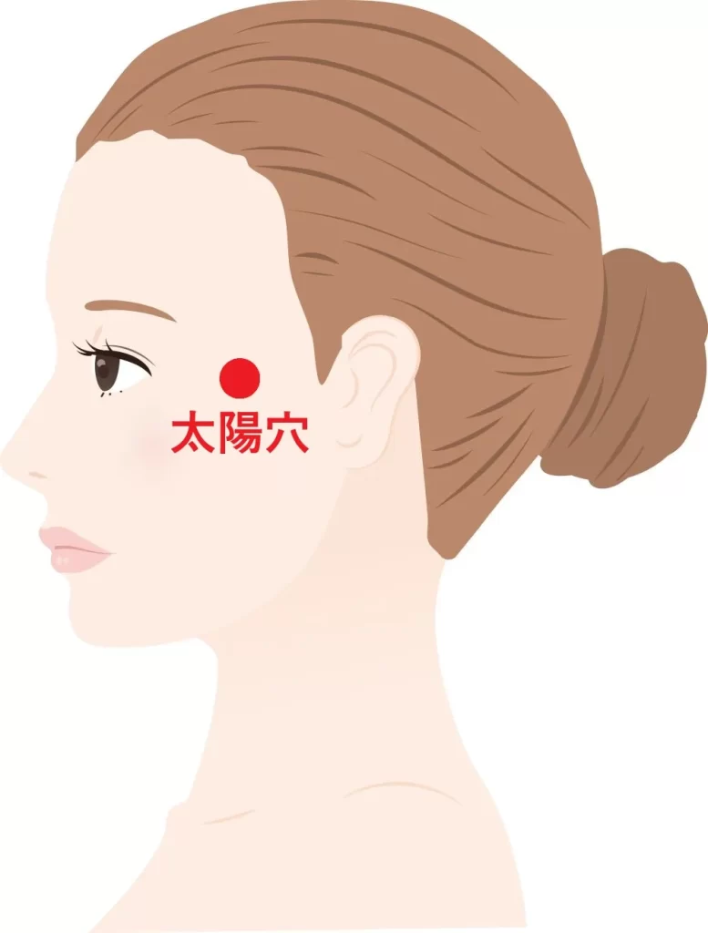女性の横顔イラストで、こめかみ付近の太陽穴に赤丸と「太陽穴」の標記。