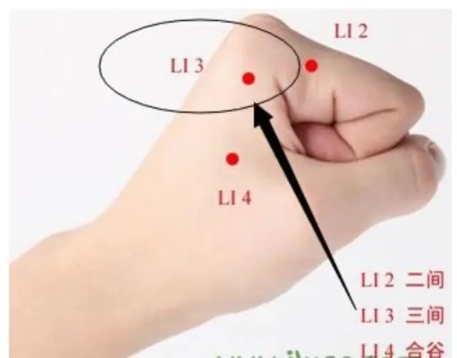 女性の左手の親指側にLI2（二間）、LI3（三間）、LI4（合谷）と赤丸で表示されたイラスト。