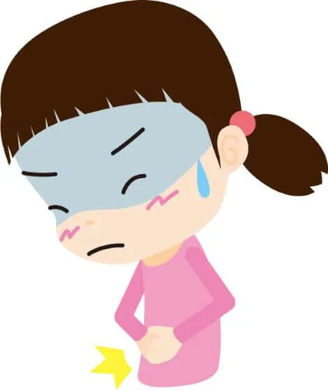 お腹を両手で押さえて痛がる表情のアニメ風女の子イラスト。急性虫垂炎の激しい腹痛を表現。