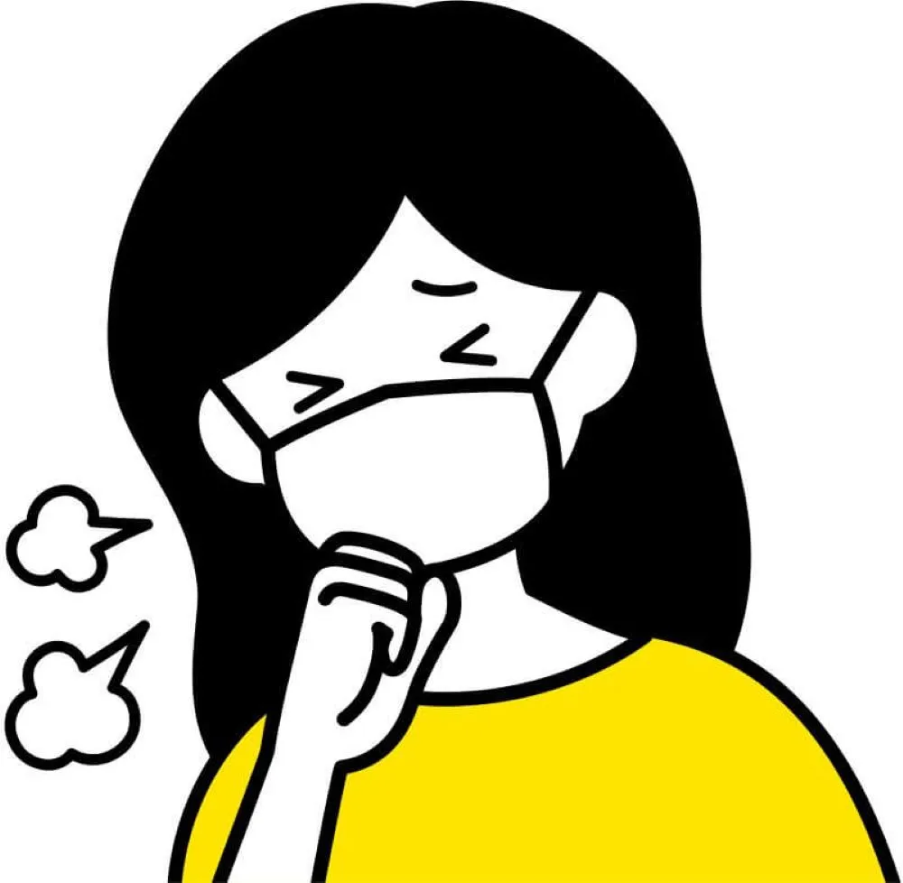 黄色い服を着てマスクをした女性が咳をしている漫画風イラスト。コロナ後遺症の頑固な咳を表現。