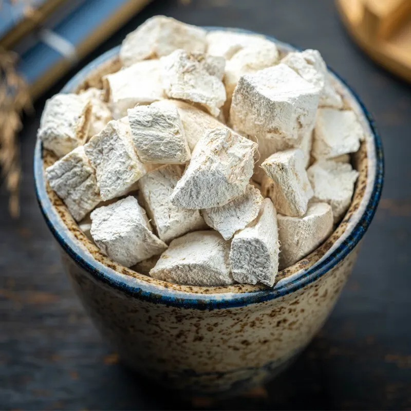 陶器の茶碗に入った白い葛根（かっこん）。漢方薬・葛根湯の主薬の一つ。