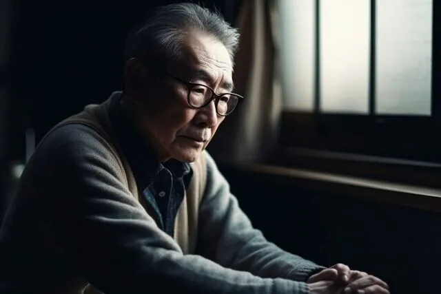 窓辺に座る白髪の父親が両手を強く握り、虚しさと怒りに満ちた深刻な表情で考え込む様子。息子の抗がん剤治療の失敗と医療の限界を象徴する画像。