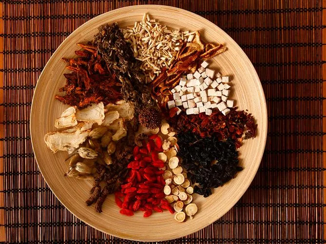 クコの実、黄耆、白朮など視力回復に使った漢方生薬を木の皿に並べた写真