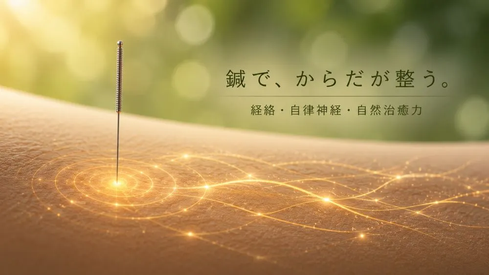 鍼1本が垂直に刺さり、周囲に黄色い光と流れる線が広がる。背景に緑の葉が描かれ、鍼による経絡・自律神経・自然治癒力の調整をイメージした図。