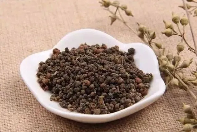 漢方薬の生薬・呉茱萸(ごしゅゆ)。白い花柄の皿に盛られたツブツブの生薬と枝