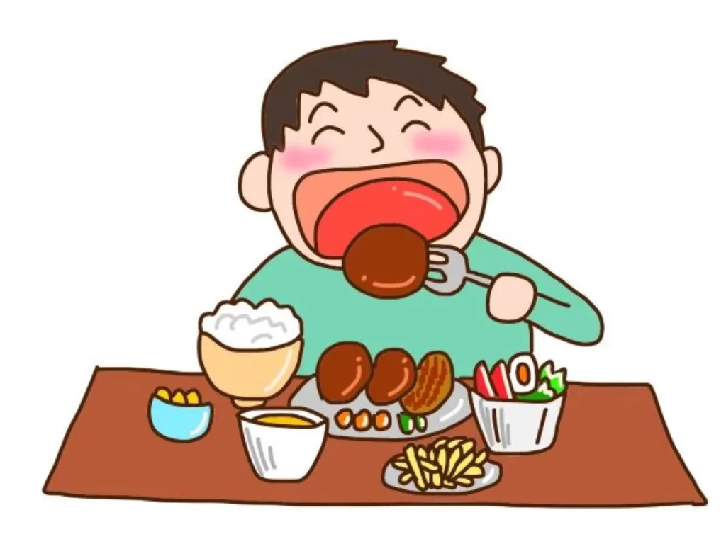 大量の料理を前に、フォークを持った男の子が大きな口で食べている漫画風イラスト