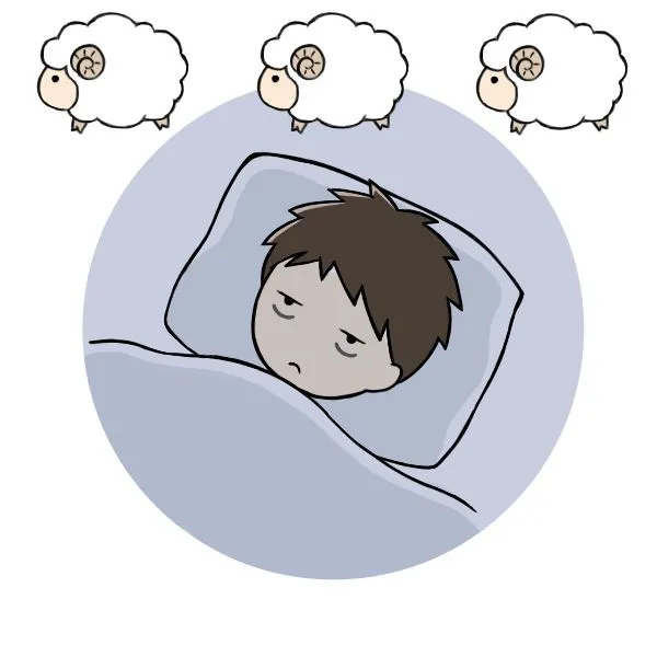 布団に入った子供が眠れずに羊を数えるイラスト。頭上で3匹の羊が浮かんでいる。