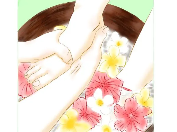 ピンク色のバケツに黄色い花が入った足湯で足を両手で持ち上げるイラスト。膝に水が溜まる患者に不適切な治療法を示す。