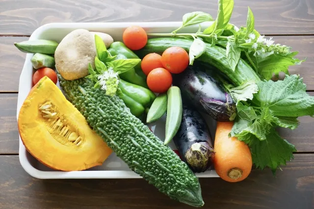 新鮮な野菜を盛り合わせた皿。自然な食事のイメージ