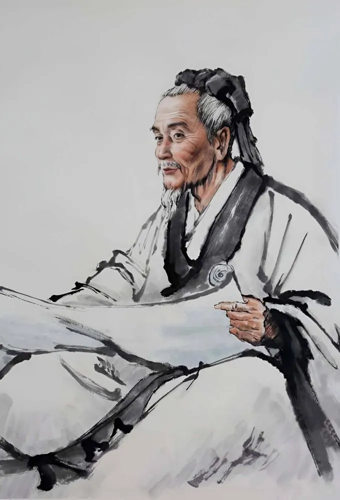 白髪の老人張仲景が山水背景の部屋で巻物を開き、傷寒雑病論を読んでいる白黒水墨画風イラスト