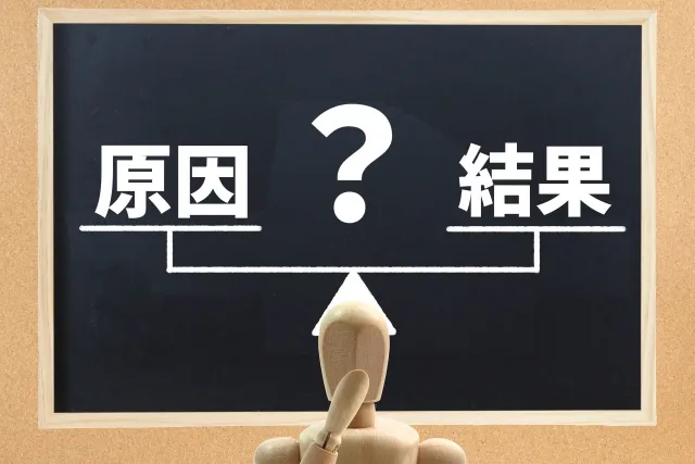 黒板に描かれた天秤の左右に「原因」と「結果」、中央にハテナマークがあり、黒板の前に考えるポーズの木製人形が立っている因果関係のイラスト