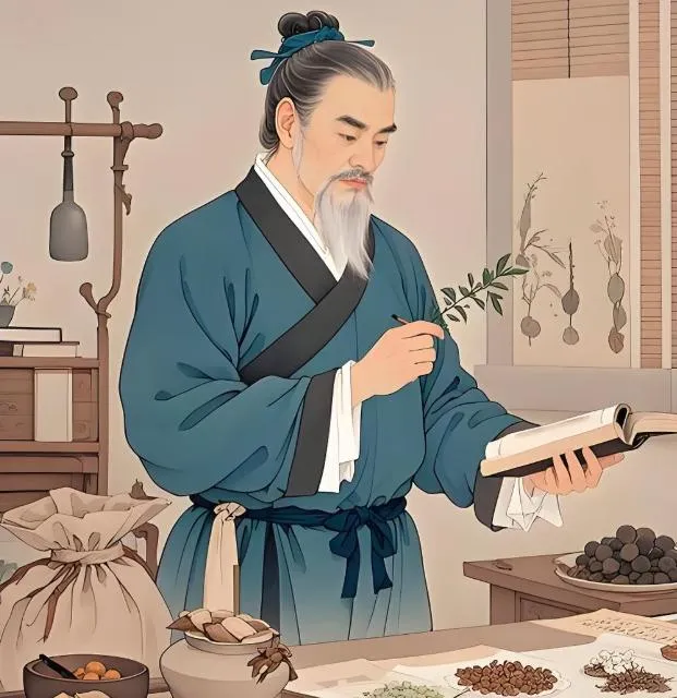 白い髭の中年中医師が本と薬草を持ちながら学ぶ伝統的な姿