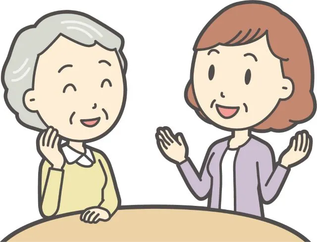 張静先生の診療所の待合スペースで、おばさんと若い女性が笑いながらおしゃべりしているイラスト