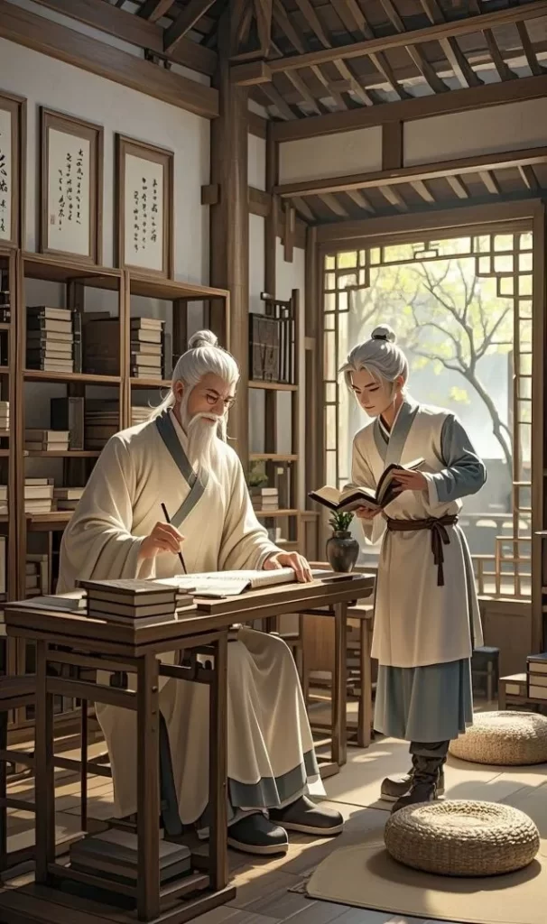 中国風の書斎で、師が机に向かって筆字を書き、弟子が本を持って傍らに立つ。古代の師徒制による医学伝承を表す場面