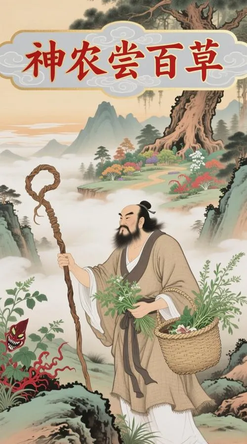 神農氏が百草を嘗める水墨画風イラスト、杖と薬草の箱を持つ姿