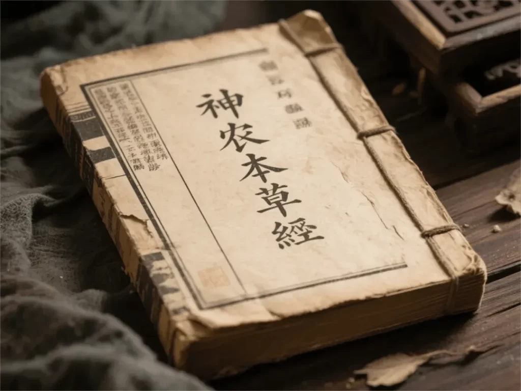 神農本草経の古びた古書、木のテーブルに置かれたボロボロの本
