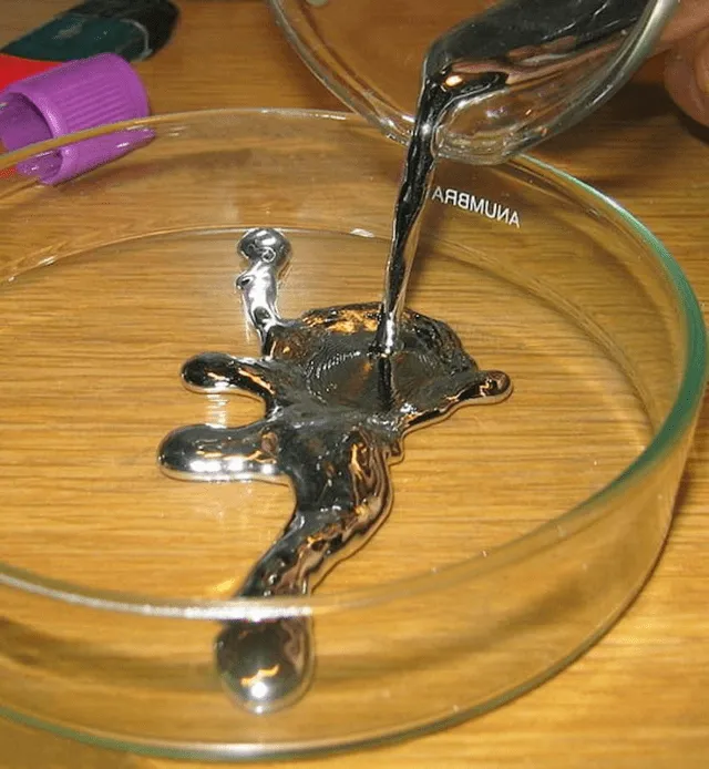 ガラス瓶から円形容器に注がれる水銀の液体
