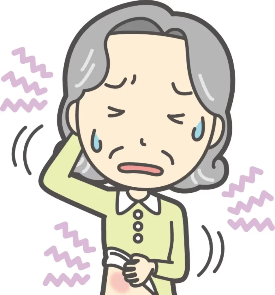ストレスで全身がかゆい60代女性のイラスト。皮膚に発疹はないのに頭とお腹を掻きむしる困った表情で、猛烈なかゆみを表現しています。