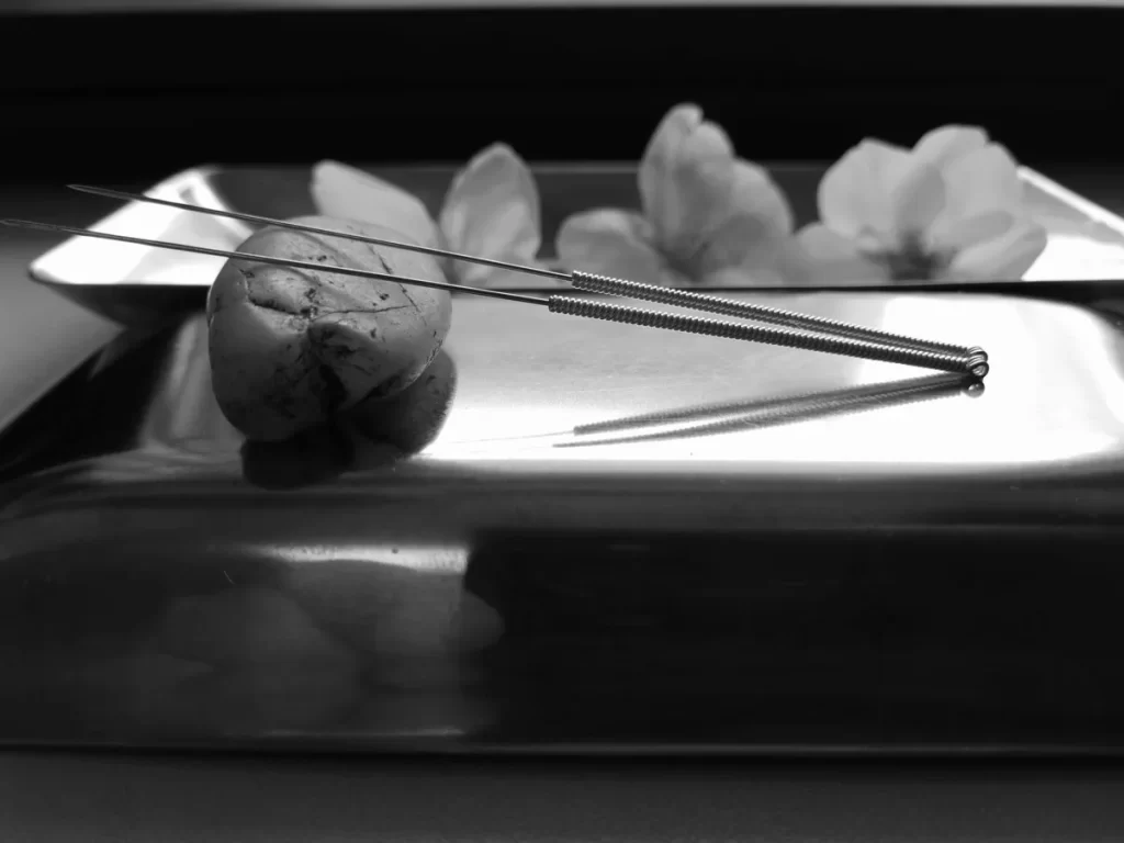 鍼灸治療で使う鍼と石。ニキビ改善を象徴する白黒イメージ