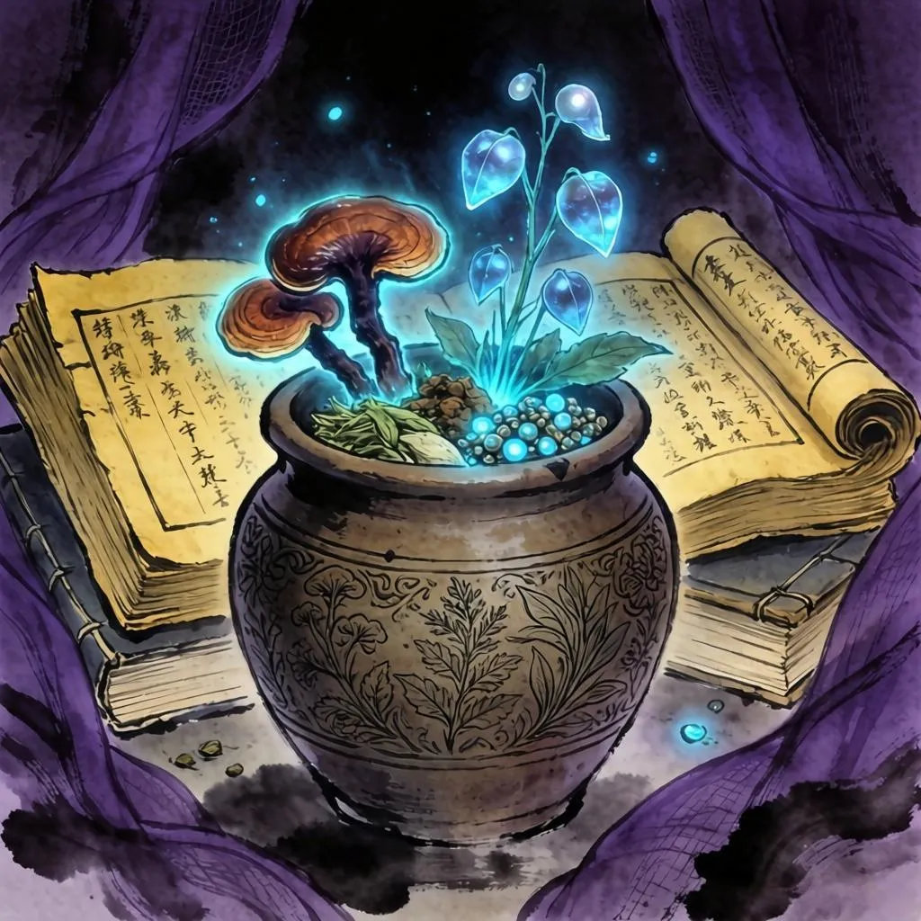 神秘的な漢方薬 霊芝などを煎じる古い容器と古医書 紫の背景