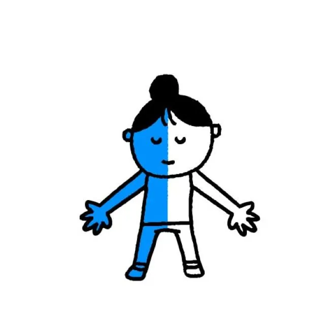 左右の体のバランスを示すため、右半分が青く塗られた女性の線画イラスト