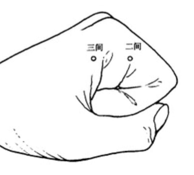 拳を握った右手の線画で、人差し指の付け根にある二間と三間の位置を示したツボ図。