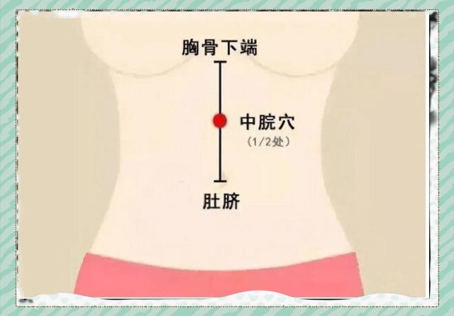 女性の胸部イラストで、胸骨下端・肚臍・中脘の位置を示した図。中脘が体の中央の半分にあることを示している。