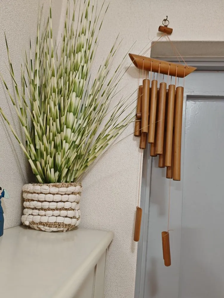 患者から贈られた観葉植物と、ドアに掛けられた四川の木の鈴が写っている。