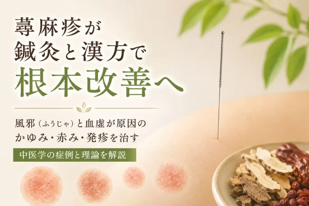 皮膚に刺した鍼と漢方薬のボウルを写した写真。蕁麻疹の鍼灸・漢方治療を象徴する構図。