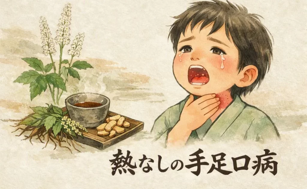 涙目で喉を押さえる子どもと、葛根湯・升麻の生薬を描いた和紙風イラスト。熱なしで進行する手足口病の初期症状を象徴している。