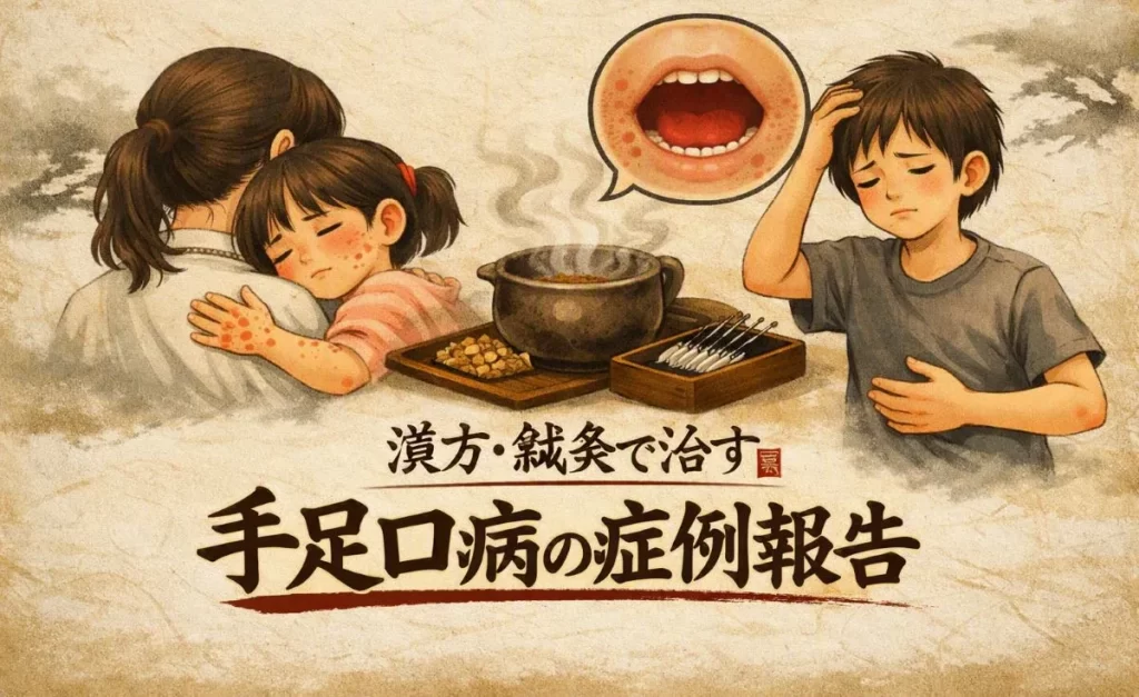 漢方と鍼灸で手足口病を治す姉妹の症例を描いた和紙風イラスト。薬碗と鍼箱が並び、母に抱かれる妹と腹痛を訴える姉が描かれている。